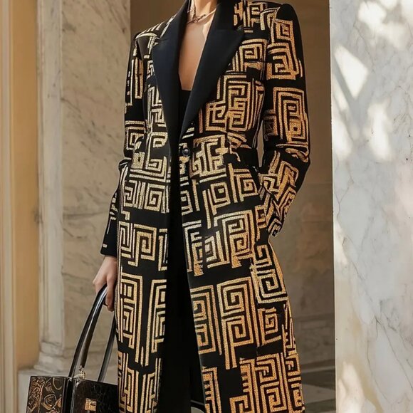 Jackets & Blazers - Black & Gold Geometric Embroidered Metallic Blazer Coat